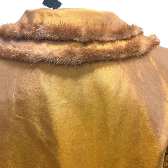 Fur Trimmed Taffeta Blouse 90s Y2K Dark Gold V-Neckline Button Front - Picture 5 of 6
